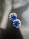 Tile-inspired round resin stud earrings in blue — handmade in Goa | Shivaani Vaishnavi