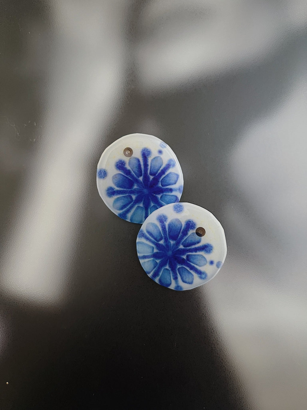 Tile-inspired round resin stud earrings in blue — handmade in Goa | Shivaani Vaishnavi