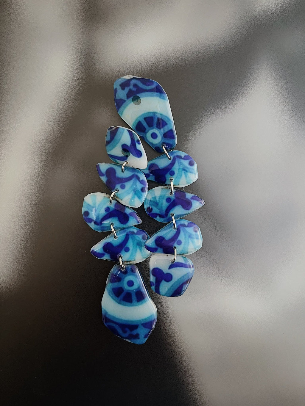 Tile-inspired resin dangle earrings in blue and white — handmade in Goa | Shivaani Vaishnavi