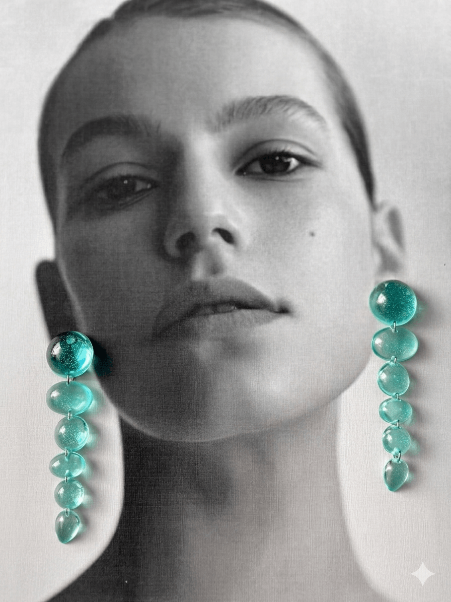 Handmade resin jewellery — aquamarine sculptural earrings detail | Shivaani Vaishnavi