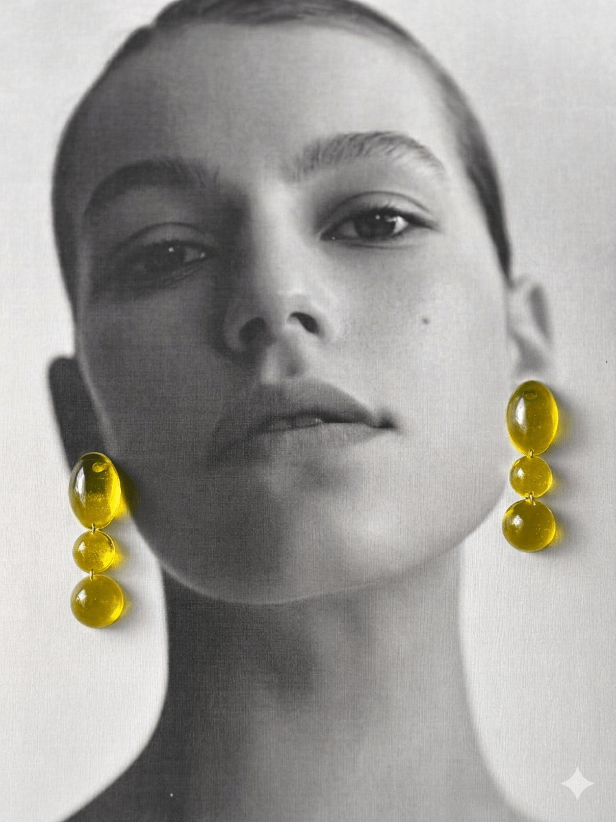 Handmade resin jewellery — citrine yellow sculptural earrings detail | Shivaani Vaishnavi