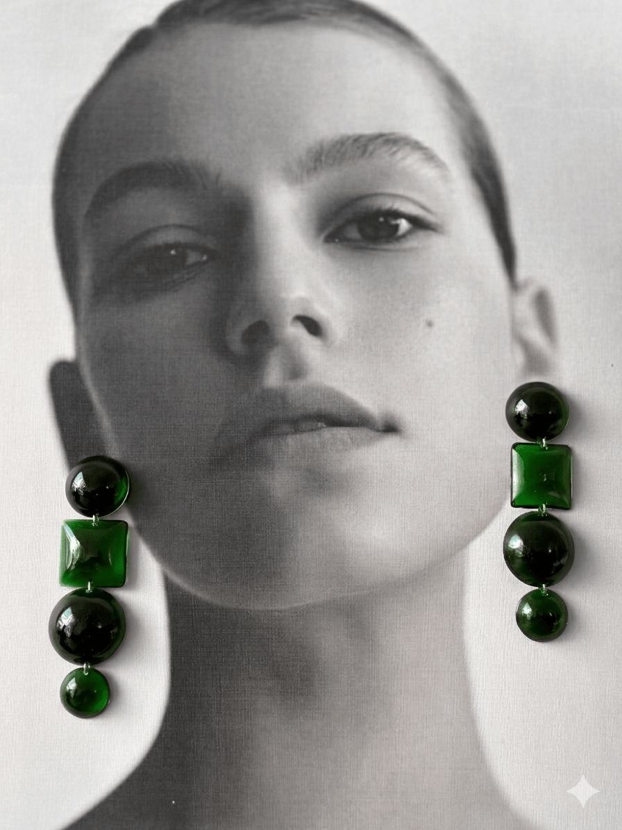 Handmade resin jewellery — emerald green sculptural earrings detail | Shivaani Vaishnavi