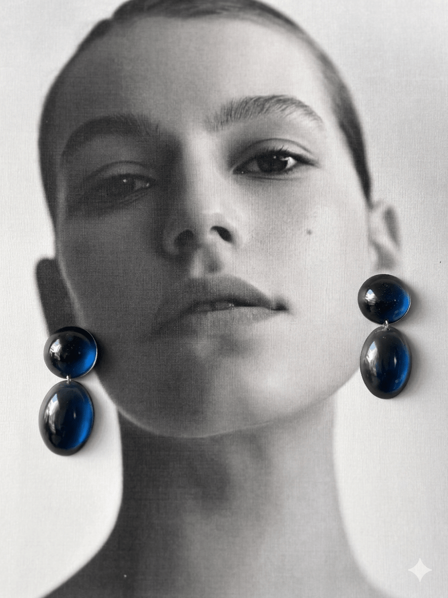 Handmade resin jewellery — sapphire blue sculptural earrings detail | Shivaani Vaishnavi
