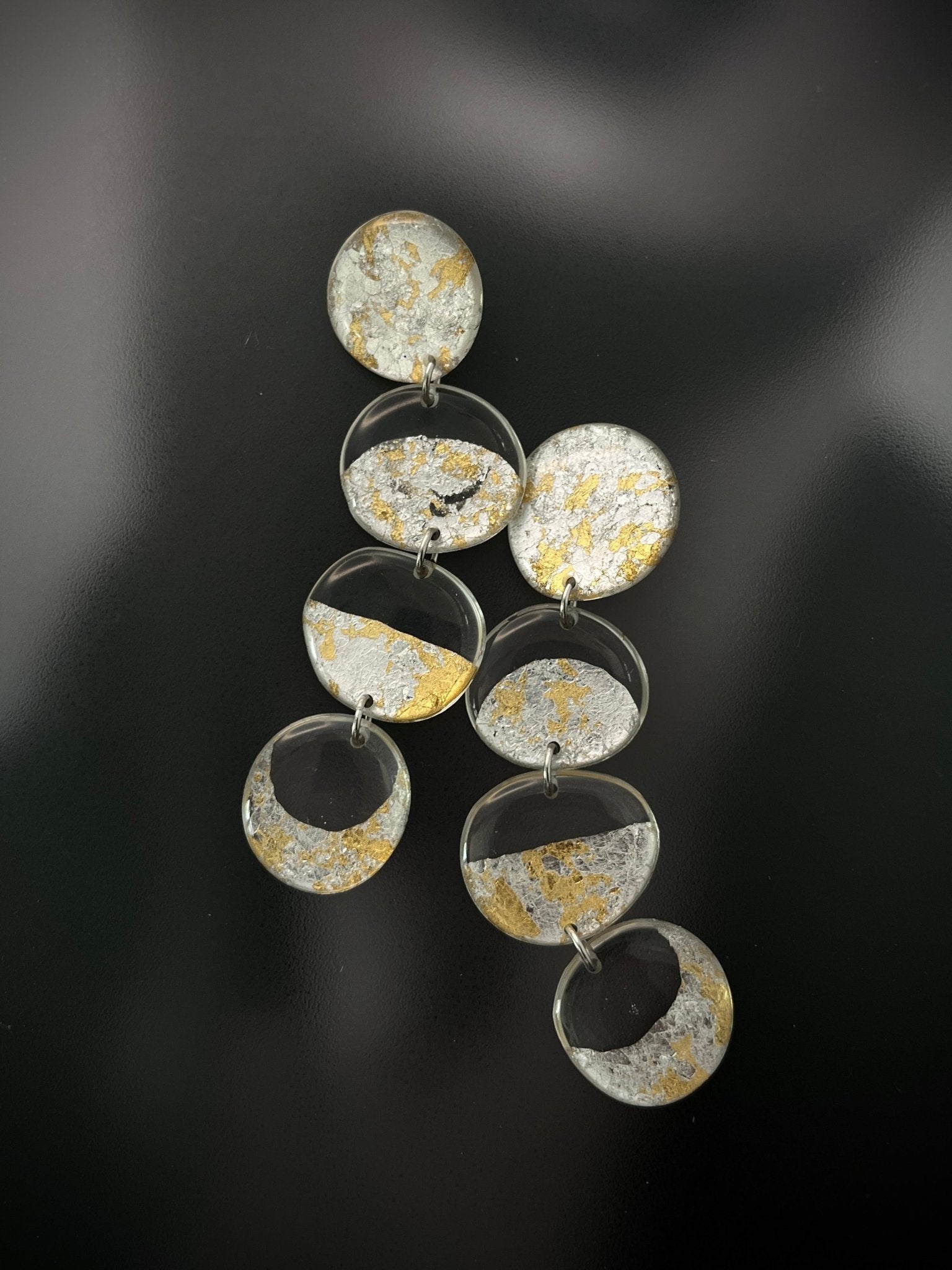 Crescent moon resin earrings in textured gold and silver — handmade in Goa | Shivaani Vaishnavi