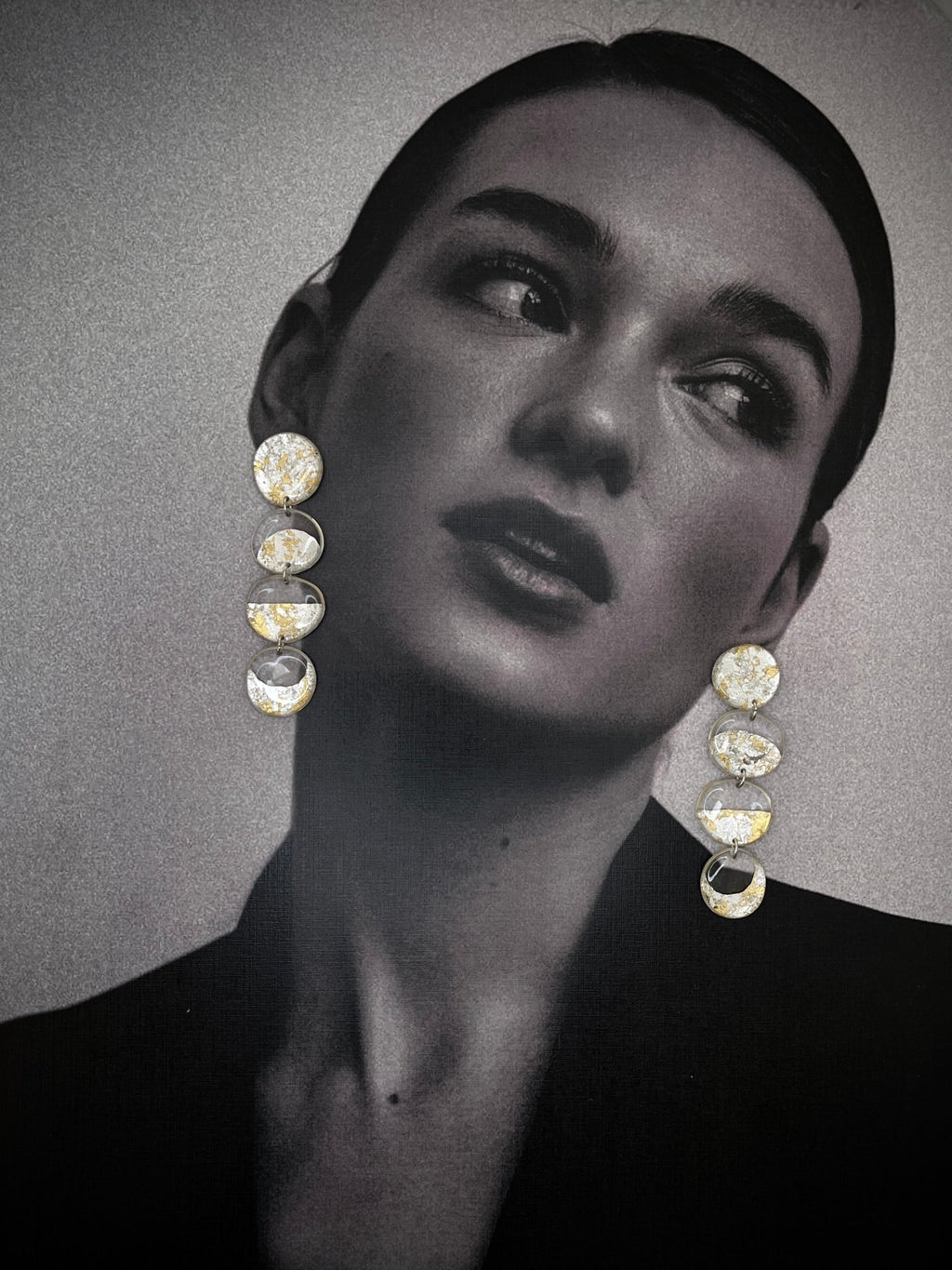 Handmade resin jewellery — moon phase earrings in gold and silver detail | Shivaani Vaishnavi