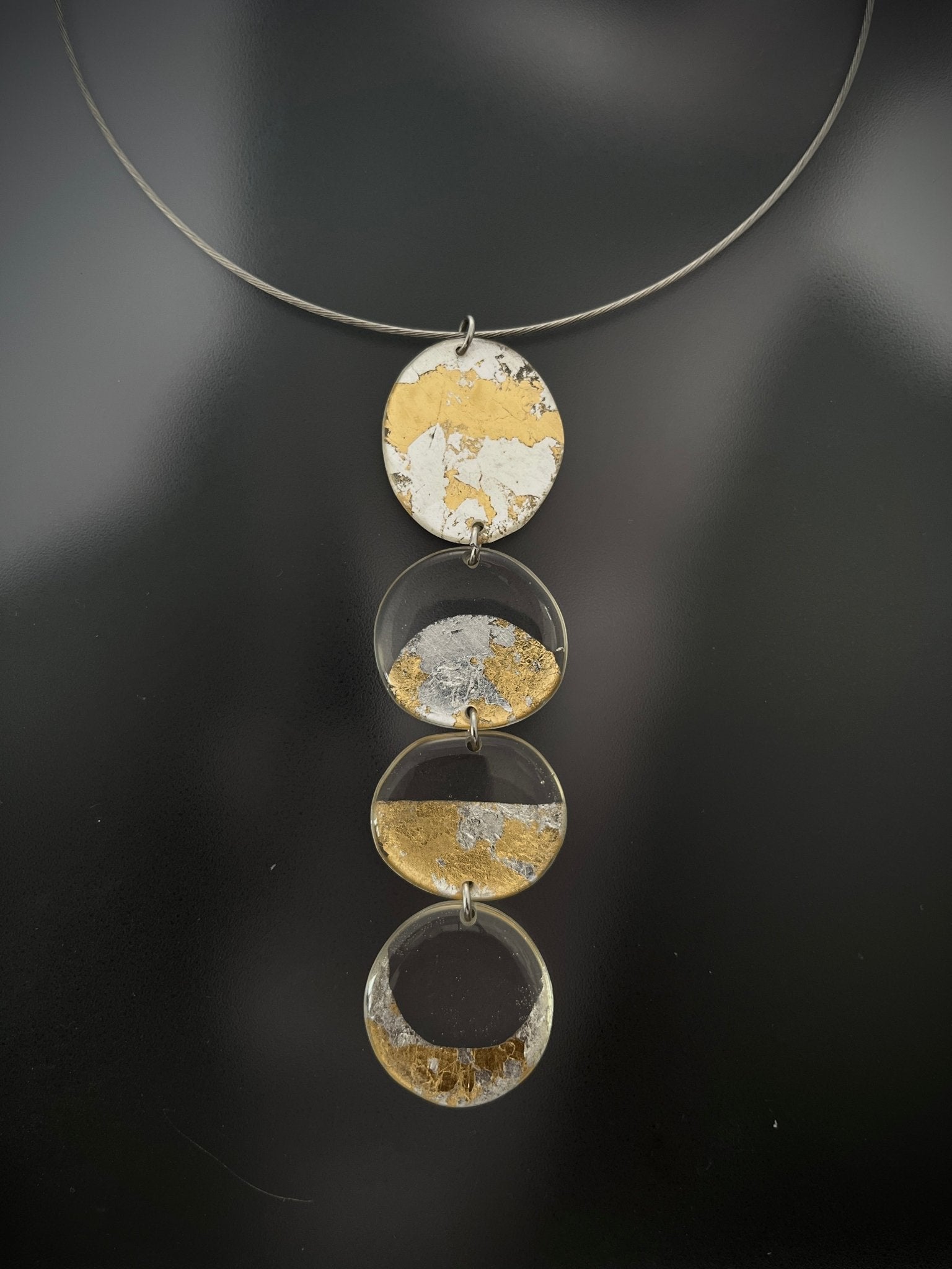 Crescent moon resin necklace in gold and silver — handmade in Goa | Shivaani Vaishnavi