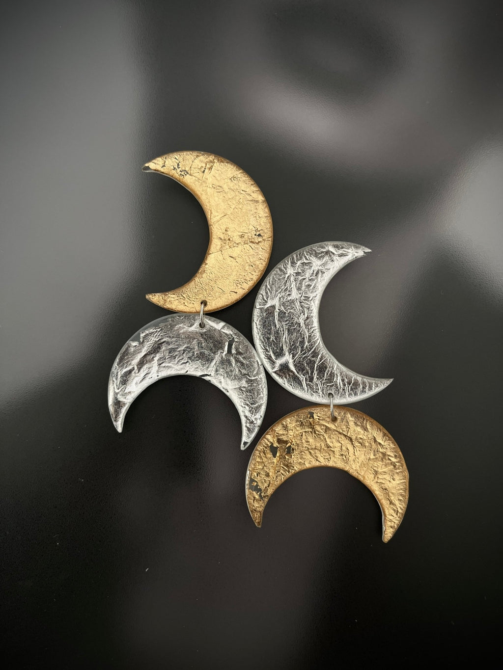 Crescent moon resin earrings in gold and silver — handmade in Goa | Shivaani Vaishnavi